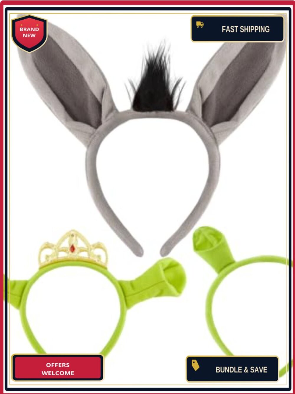 3pc Plush Ogre & Donkey Ears Headband Set with Crown for Women Costume